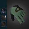 A close-up view of a green and black 3-finger snooker pool glove with a yellow logo on the palm.