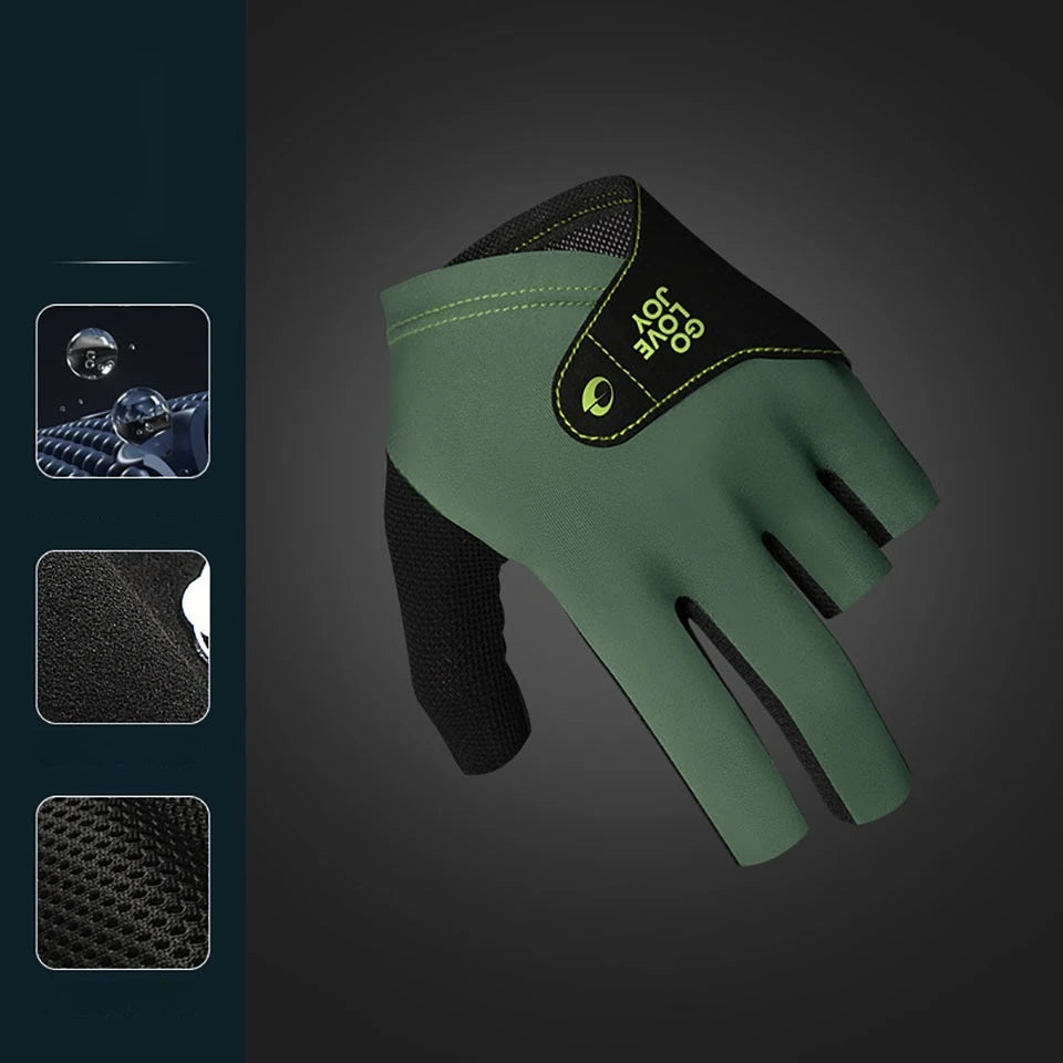 A close-up view of a green and black 3-finger snooker pool glove with a yellow logo on the palm.