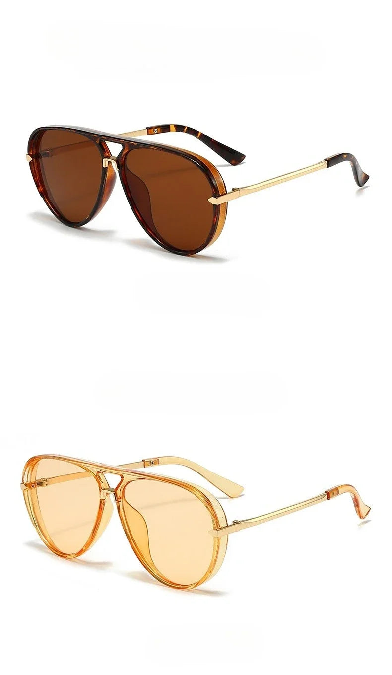 Brown tinted fashion protective sunglasses with gold-toned metal arms