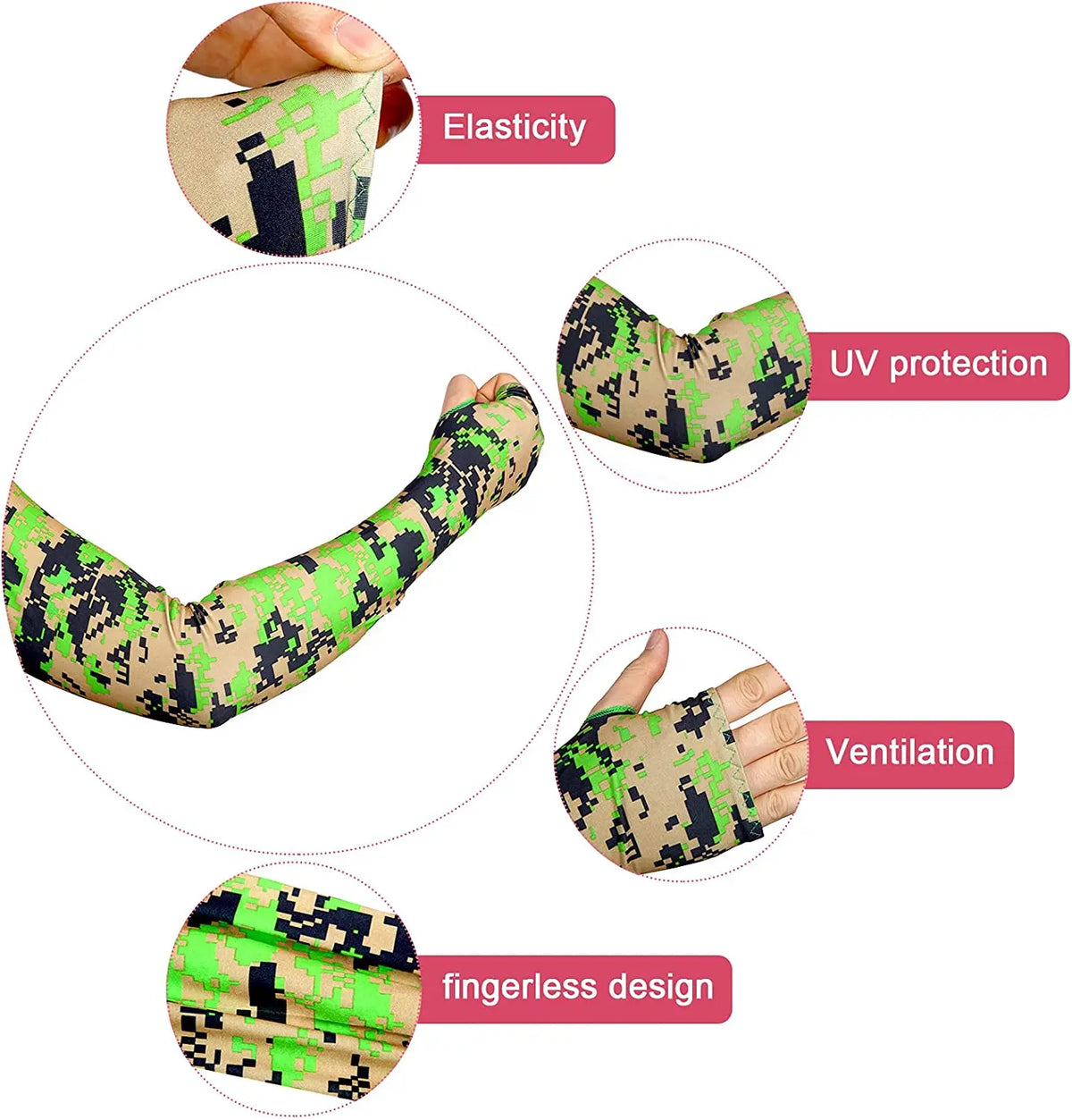 Verschiedene Ansichten eines Tarnmuster-Ärmels mit Elastizität, UV-Schutz, Belüftung und fingerlosen Design
