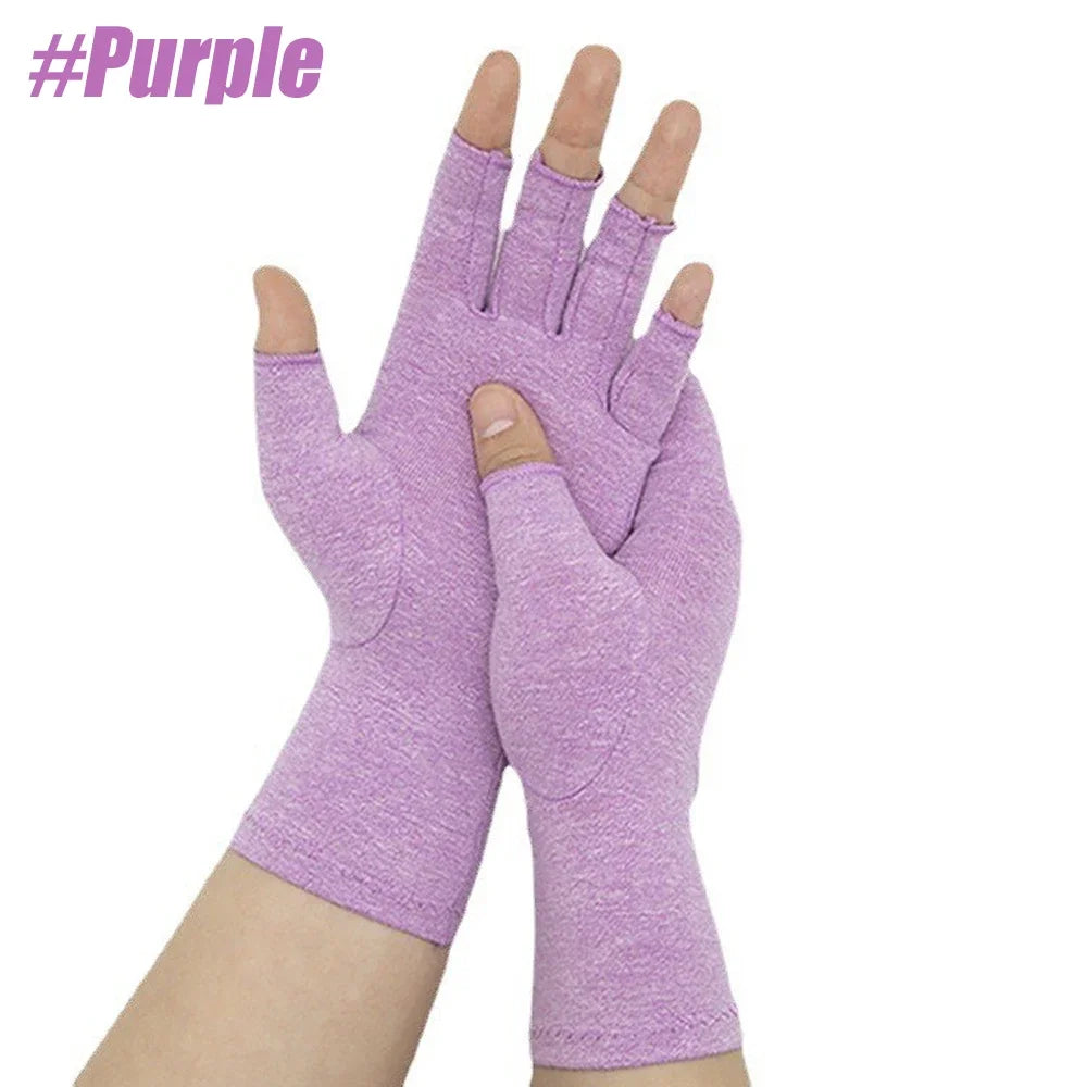 Purple comfort compression hand gloves worn on a hand and wrist.