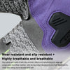 Purple motorcycle riding gloves showing the back of the hand and fingers with grip texture