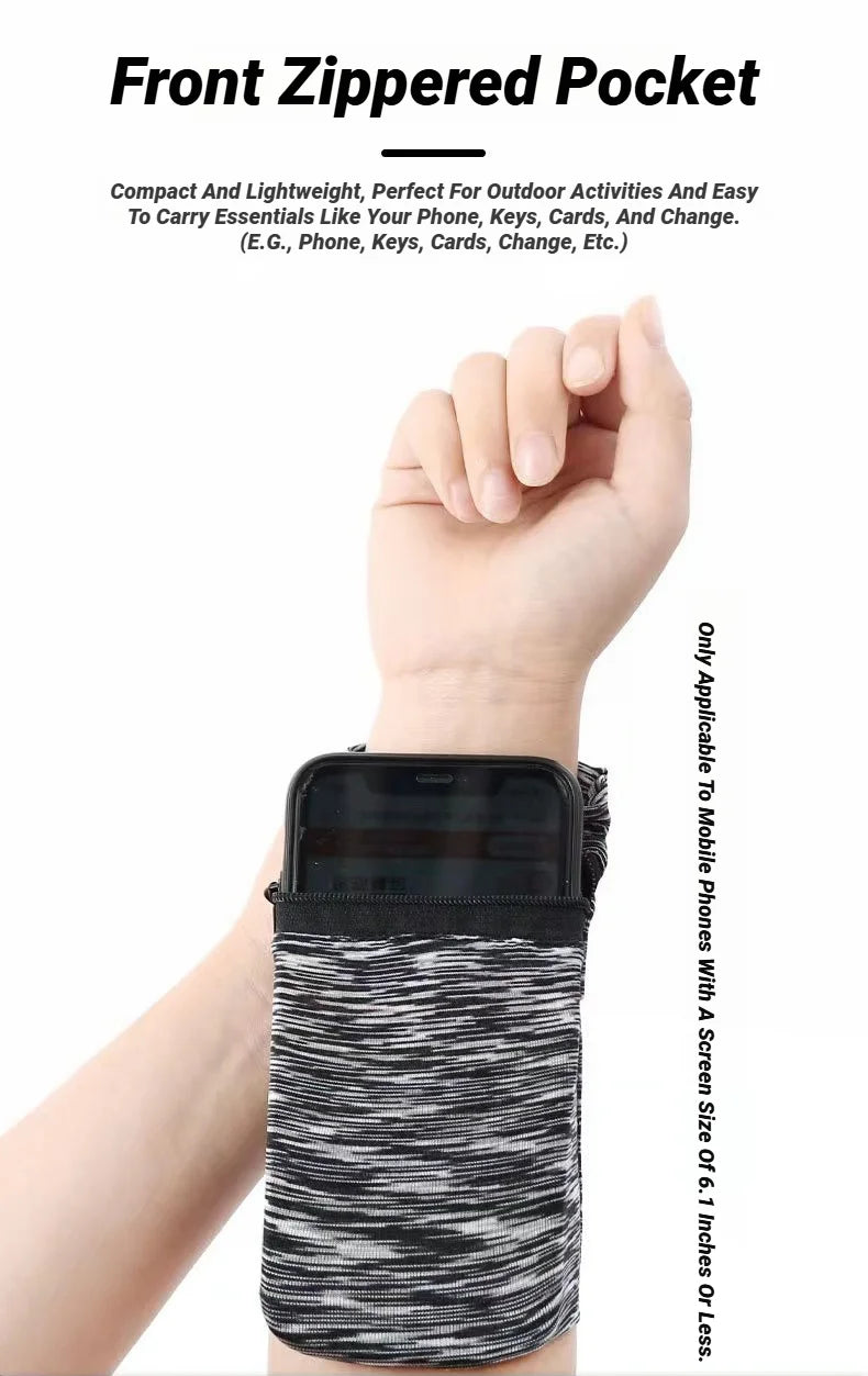 A black zippered front pocket wrist bag designed to hold essentials like a phone, keys, and cards.