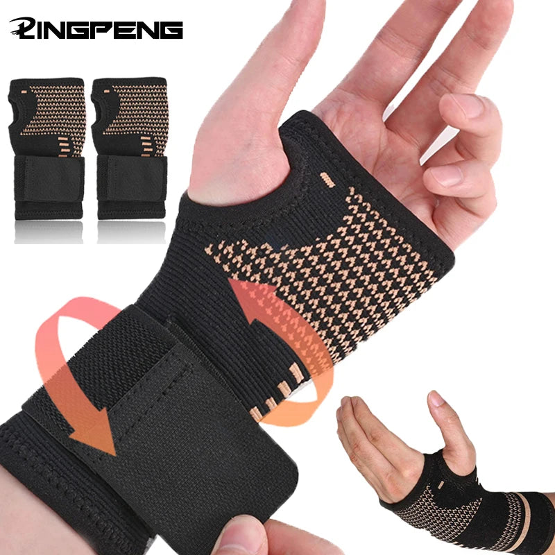 A hand is shown wearing a black copper fiber wrist protector for pain relief.