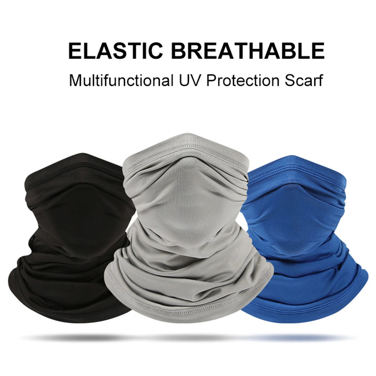 Three elastic breathable multifunctional UV protection scarves in black, gray, and blue.