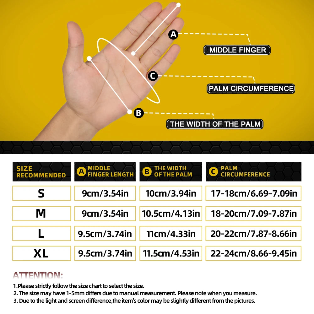 Diagram showing measurements for sizing tactical full finger combat gloves including middle finger length, palm circumference