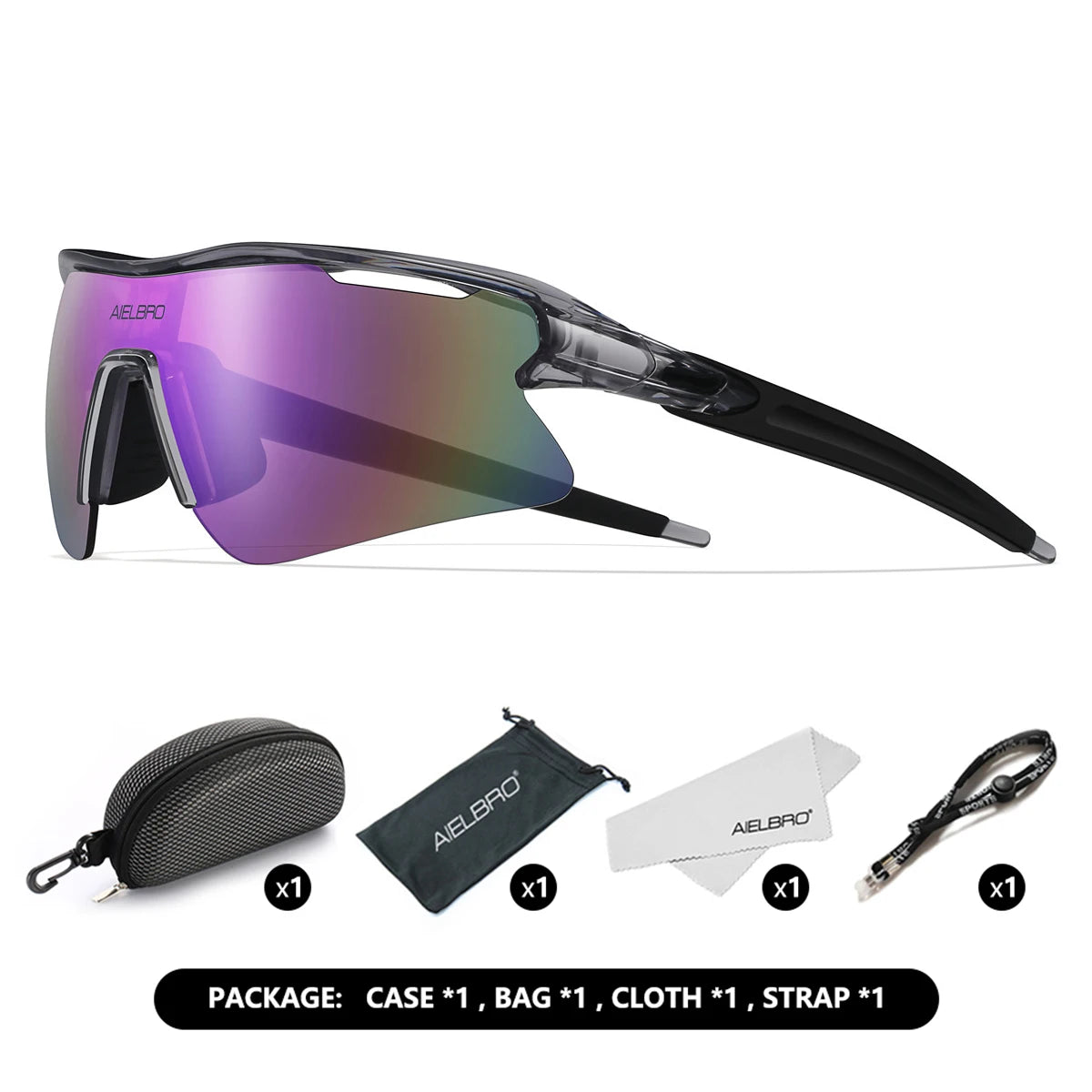 A pair of black sports sunglasses with purple-tinted lenses and a protective case, bag, cloth, and strap included.