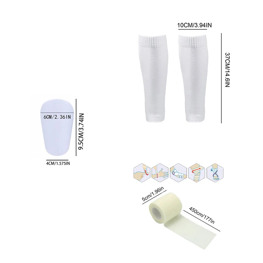 A set of four white non-slip football leg sleeves in various sizes and a roll of adhesive tape.