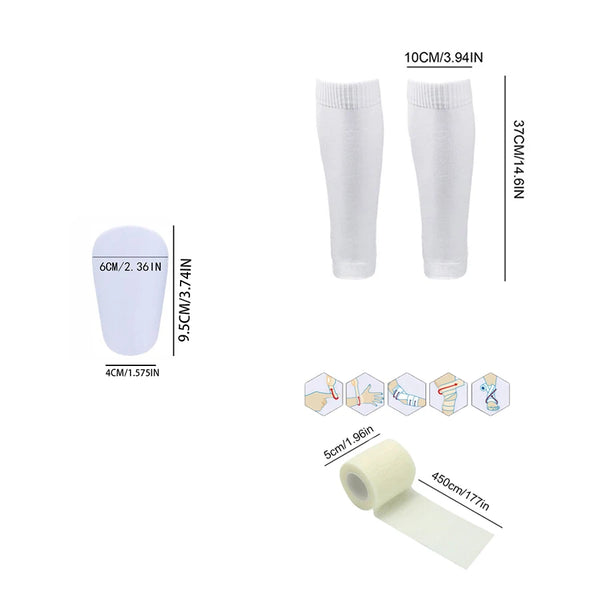 A set of four white non-slip football leg sleeves in various sizes and a roll of adhesive tape.