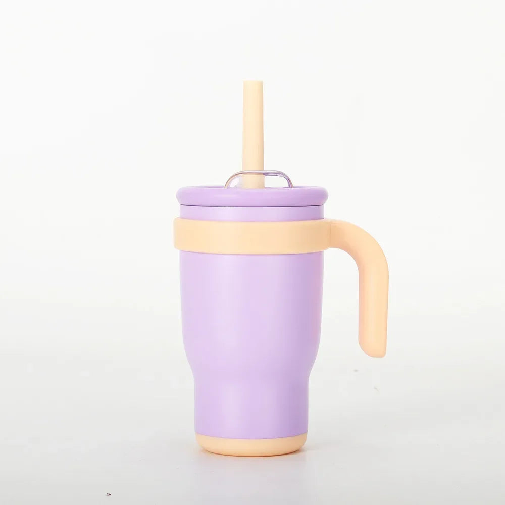 A purple and beige stainless steel travel mug with a wooden lid and handle.