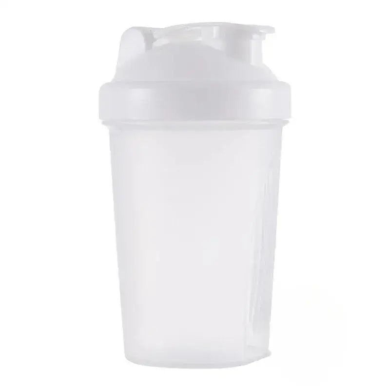A clear white leakproof protein shaker bottle with a dome lid.