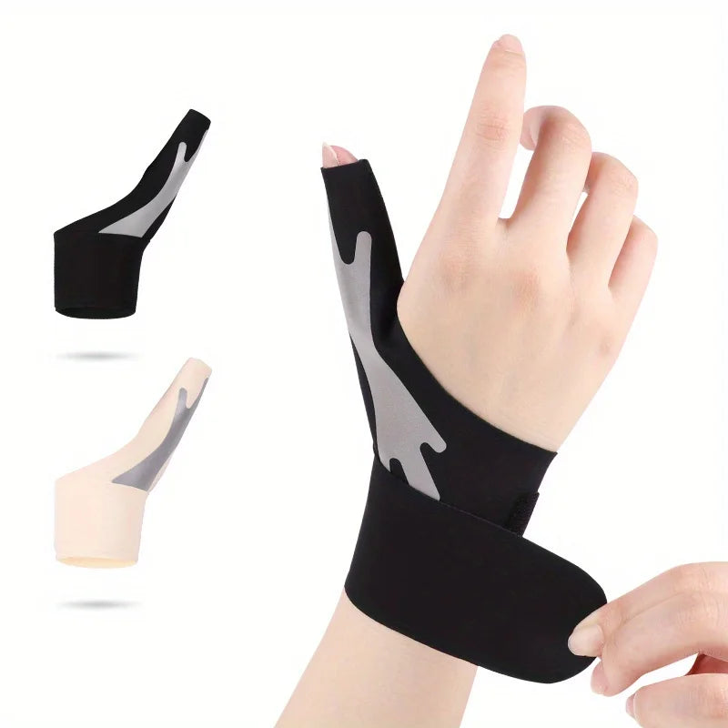 A hand is wearing a black orthopedic thumb tendon sheath wrist guard, shown with separate components.