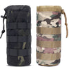 Tactical MOLLE water bottle pouch in black and tan camouflage fabric with adjustable straps