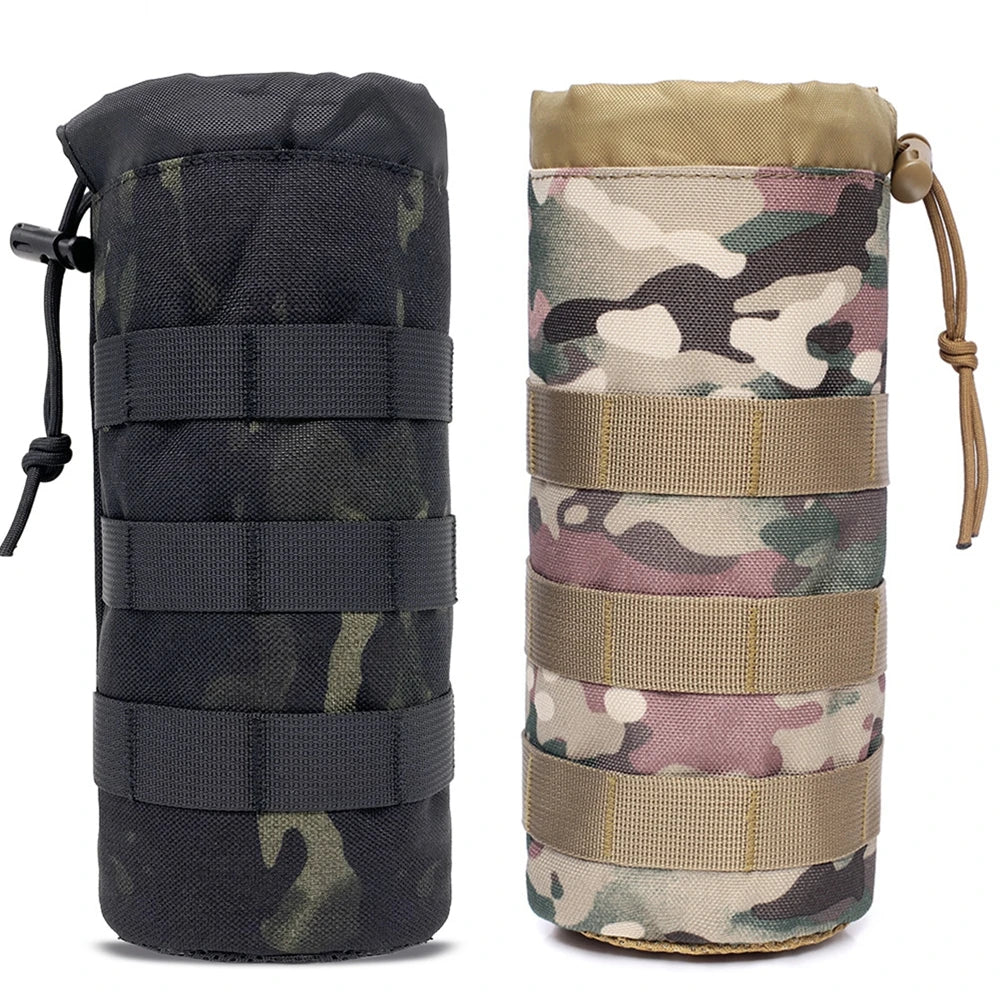 Tactical MOLLE water bottle pouch in black and tan camouflage fabric with adjustable straps
