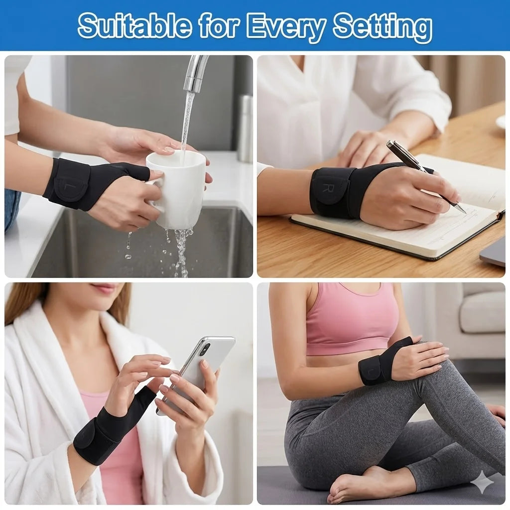 Varias tomas en primer plano de pulseras ergonómicas y transpirables usadas para escribir, lavar manos y tareas generales.