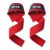 A pair of red wrist straps with black branding shown against a white background.