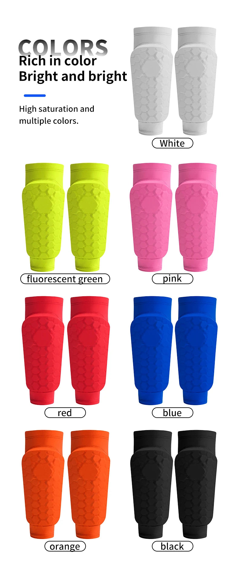 A set of lightweight soccer shin guards in various colors including white, fluorescent green, pink, red, blue, orange, and bl