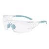 Clear safety goggles with light blue frames and protective shields for outdoor and work use