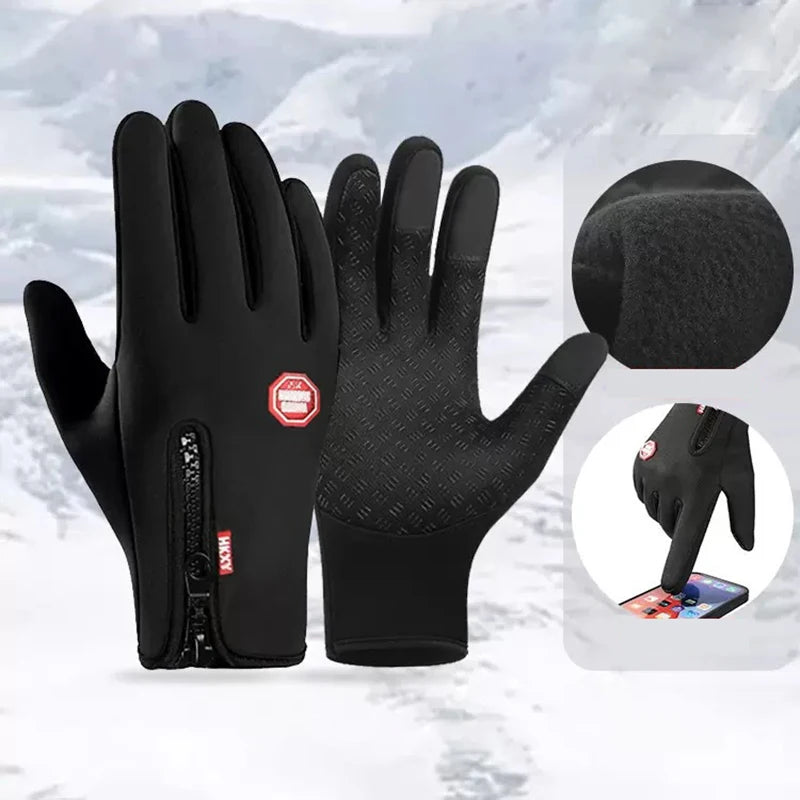 A pair of black all-weather touchscreen gloves shown with separate palm and finger sections.