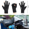 Schwarze Sportfisch- und Rennhandschuhe in verschiedenen Ansichten, darunter eine Hand, ein Handschuh am Handgelenk und eine 