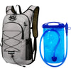 Gray backpack with a blue water bottle pouch and a clear blue water bottle attached by a hose