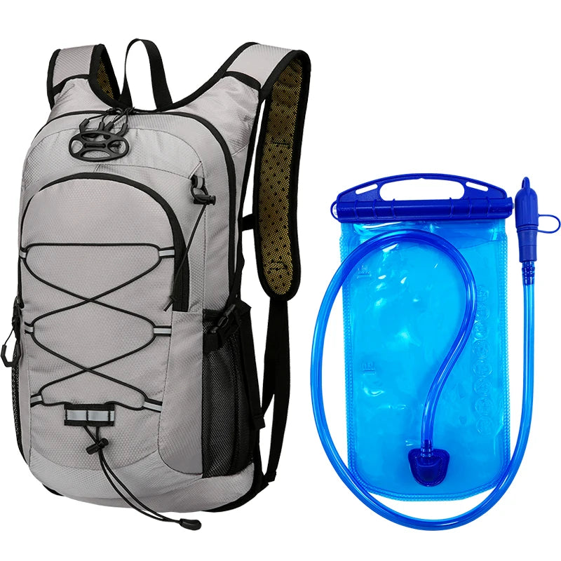 Gray backpack with a blue water bottle pouch and a clear blue water bottle attached by a hose