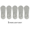 Five pairs of light gray men's invisible silicone no-show socks laid out side by side.