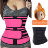 A pink and black body shaper waist trainer fitness belt worn by a woman.