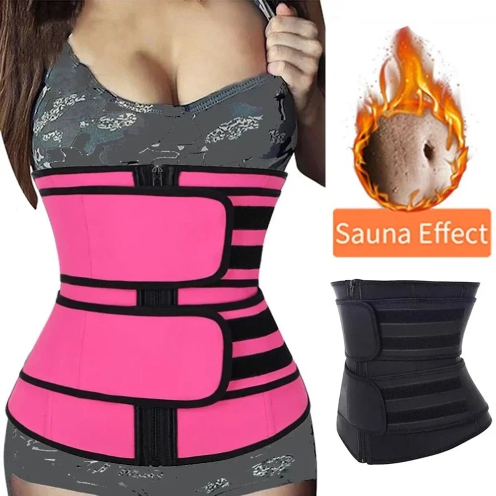 A pink and black body shaper waist trainer fitness belt worn by a woman.