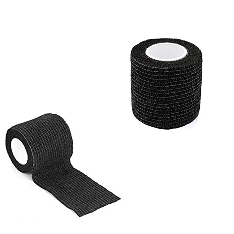 Roll of black tattoo grip bandage tape with a strip unwound