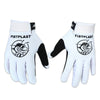Pair of white and black motorsport gloves with a graphic design on the palm