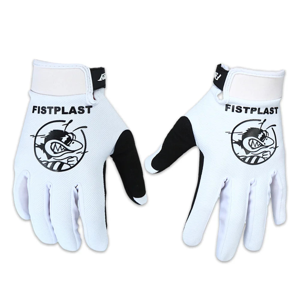 Pair of white and black motorsport gloves with a graphic design on the palm