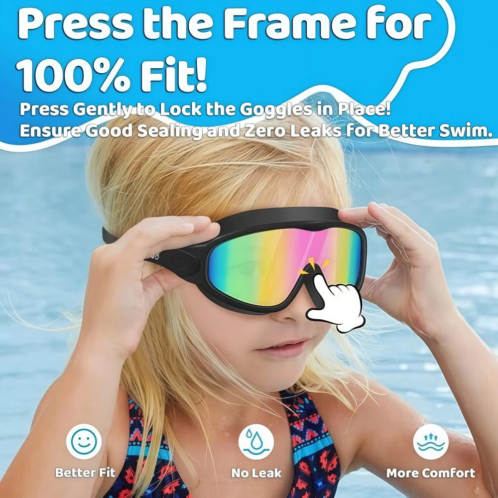 A blonde girl is pressing a pair of colorful swim goggles onto her eyes to ensure a proper fit.