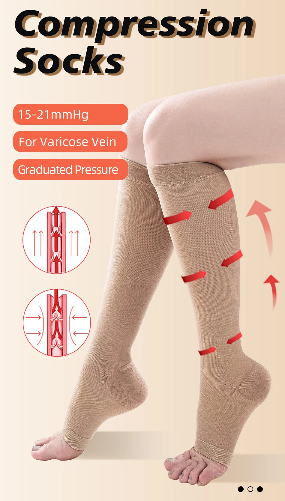 A person wearing beige compression socks on their legs, demonstrating graduated pressure for varicose veins.