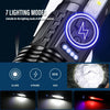 Tactical LED flashlight showing seven lighting modes including glare strobe SOS and various beam patterns