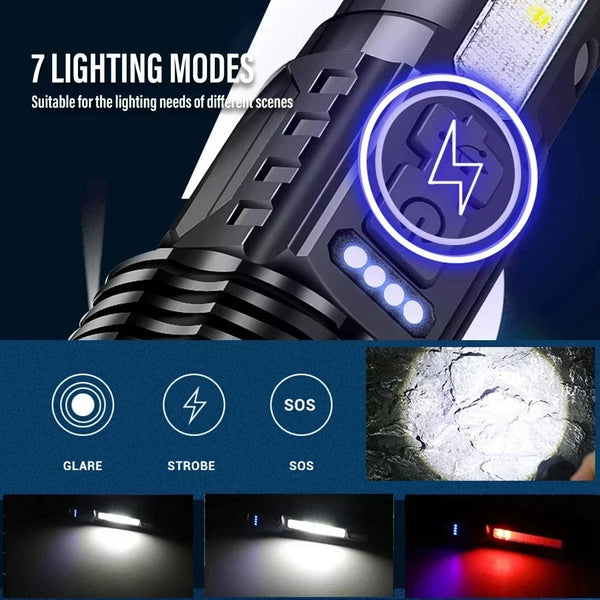 Tactical LED flashlight showing seven lighting modes including glare strobe SOS and various beam patterns