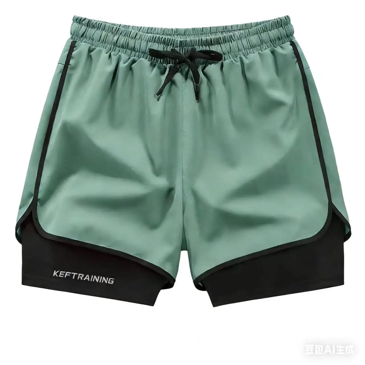 Light mint green athletic shorts with black trim and drawstring