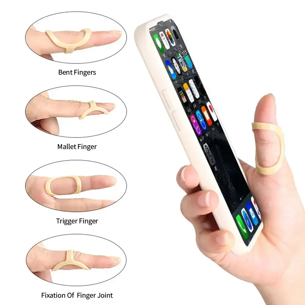 An ergonomic finger splint device shown with diagrams illustrating the bent, mallet, trigger, and fixation of a finger joint.