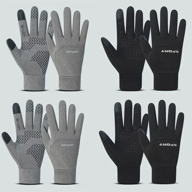 A set of black and gray sports football gloves shown in various grips and colors for outdoor activities.