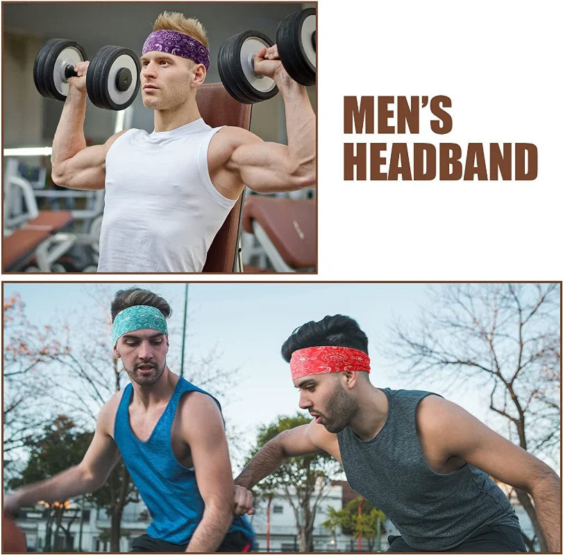 A man wearing a purple sports headband lifts weights in a gym setting.