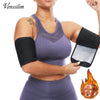 Une femme portant un corset de maintien violet et des manches noires, démontrant le produit.