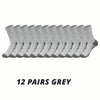 A row of twelve pairs of grey men's outdoor gym football socks laid out horizontally.