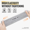 A gray athletic sweatband labeled WRELS is shown being held, highlighting its high elasticity and breathable features.