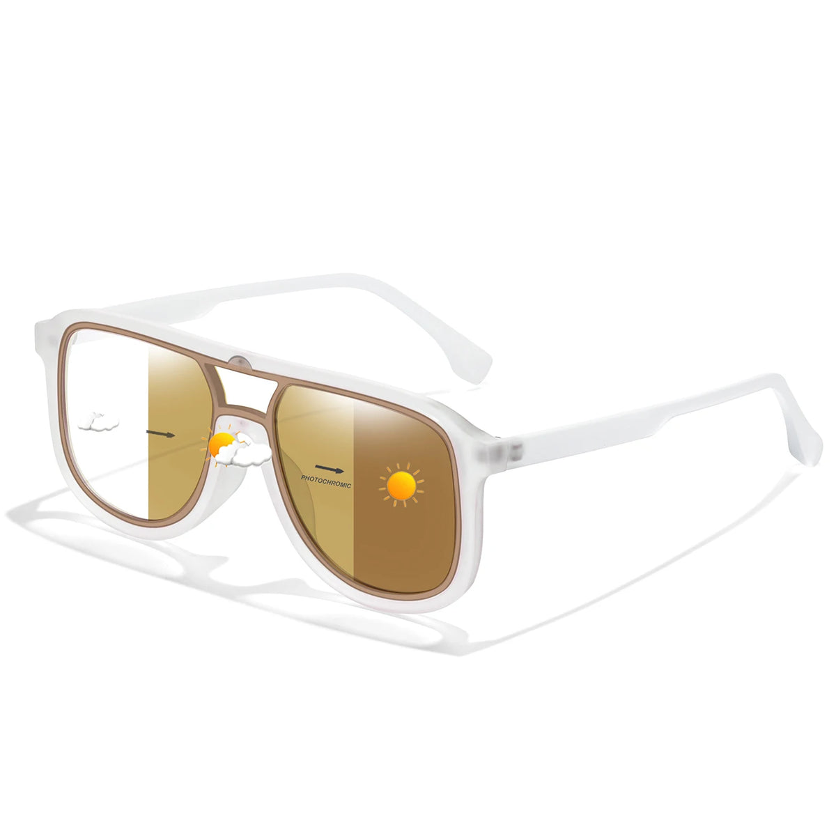 Square photochromic sunglasses with a light brown lens and clear frame shown against a white background.