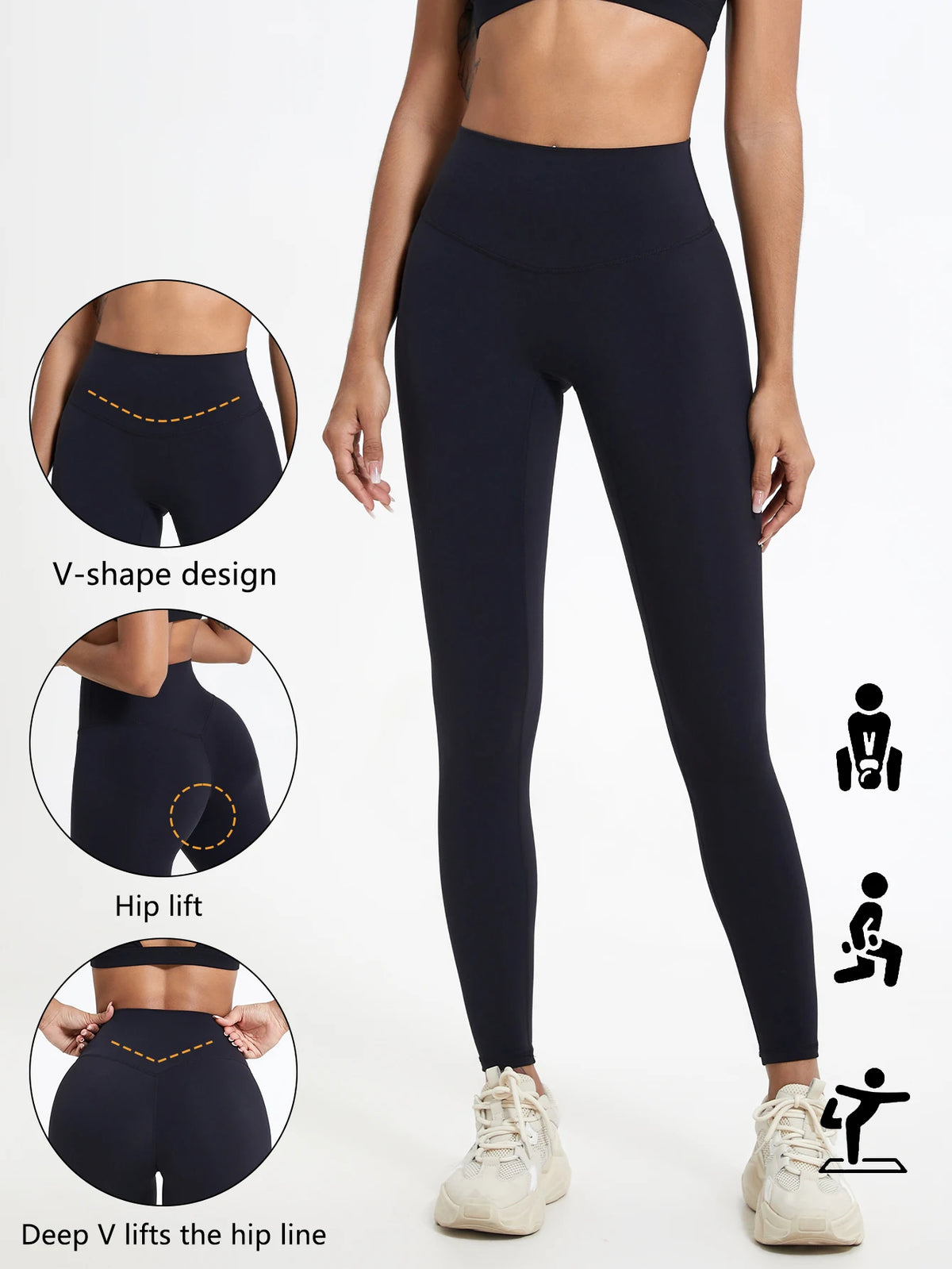 A model wears navy blue high-waist yoga leggings demonstrating V-shape design and hip lift features.