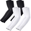 A set of black and white UV protection arm sleeves for sports and outdoor activities.