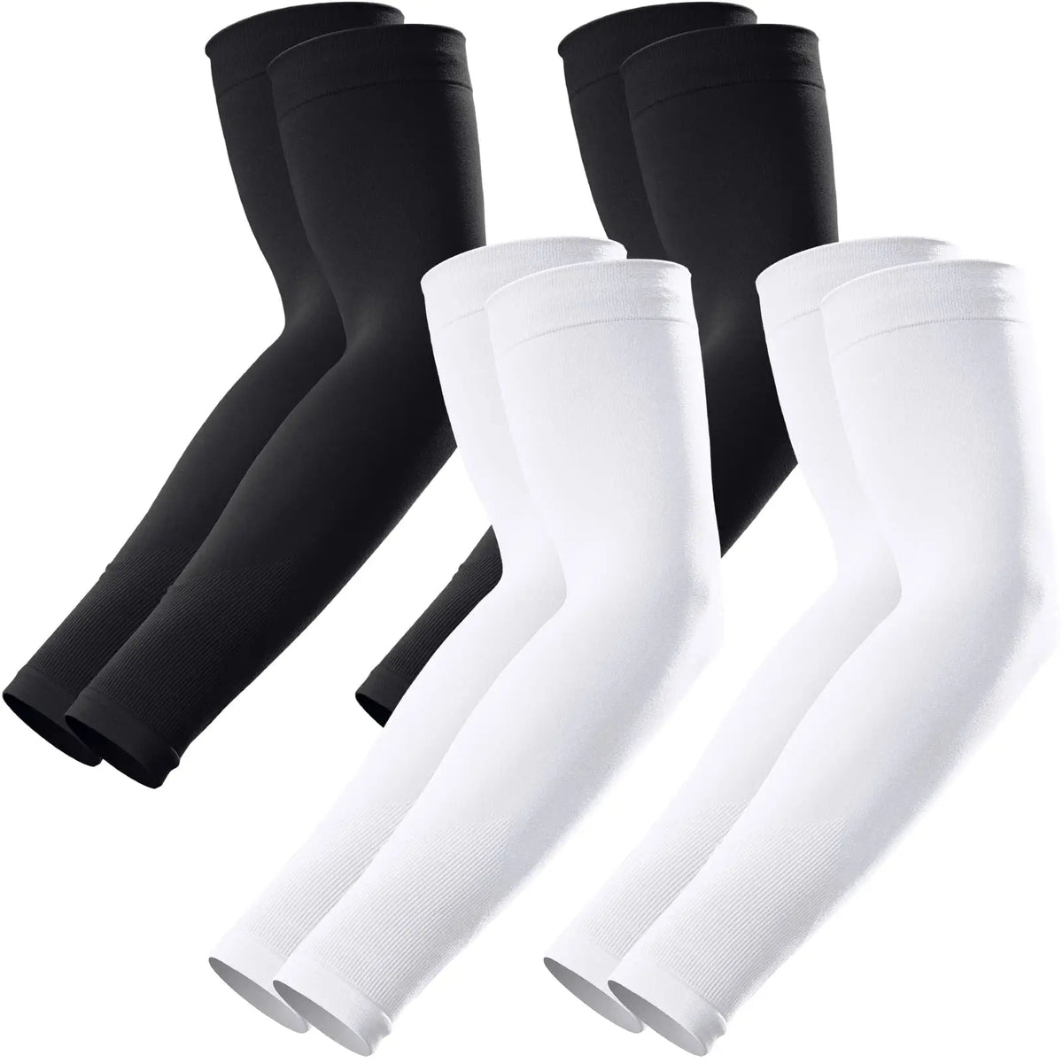 A set of black and white UV protection arm sleeves for sports and outdoor activities.