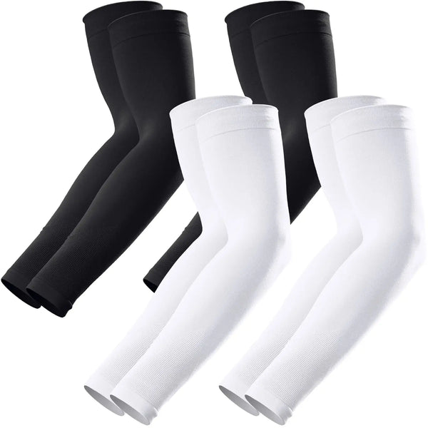 A set of black and white UV protection arm sleeves for sports and outdoor activities.