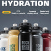 A collection of black, yellow, and red sports water bottles labeled Rock Bros for rapid hydration.