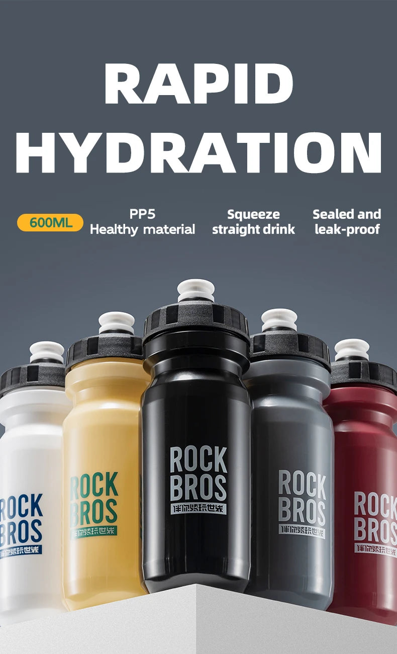 A collection of black, yellow, and red sports water bottles labeled Rock Bros for rapid hydration.